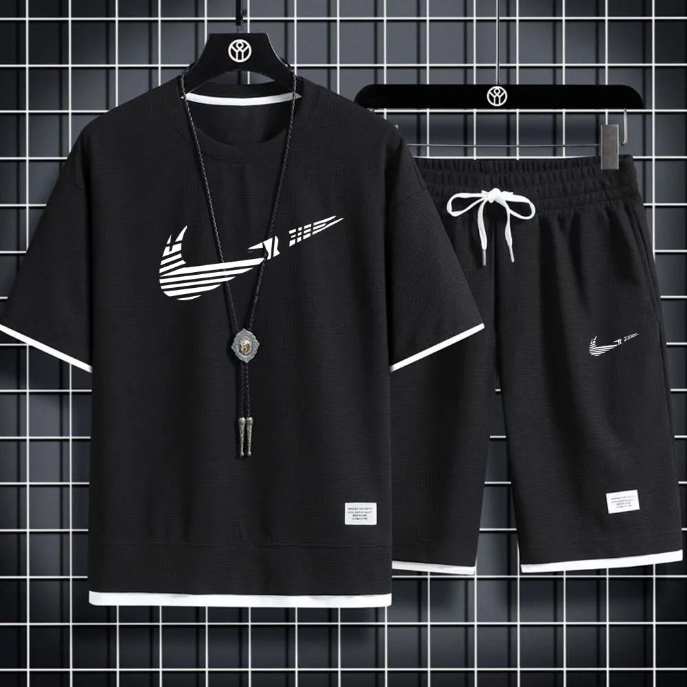 

Мужская спортивная одежда из льняной ткани футболка и шорты Комплект из двух предметов Мужская спортивная одежда комплект, модный и дышащи...