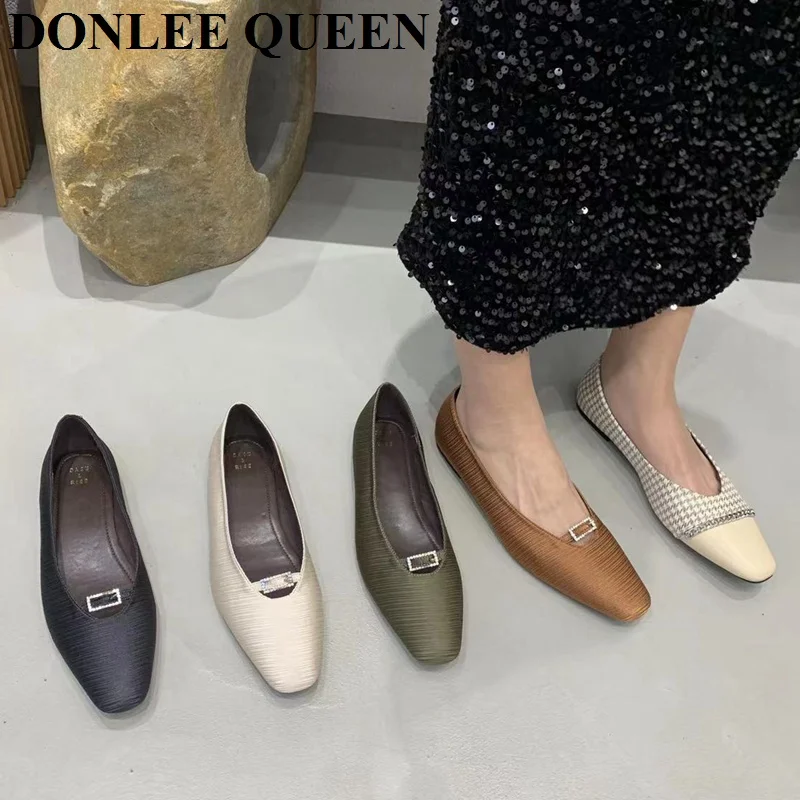 

Балетки женские с квадратным носком, мягкие лоферы, элегантные плиссированные, с металлической пряжкой, балетки, весна 2023