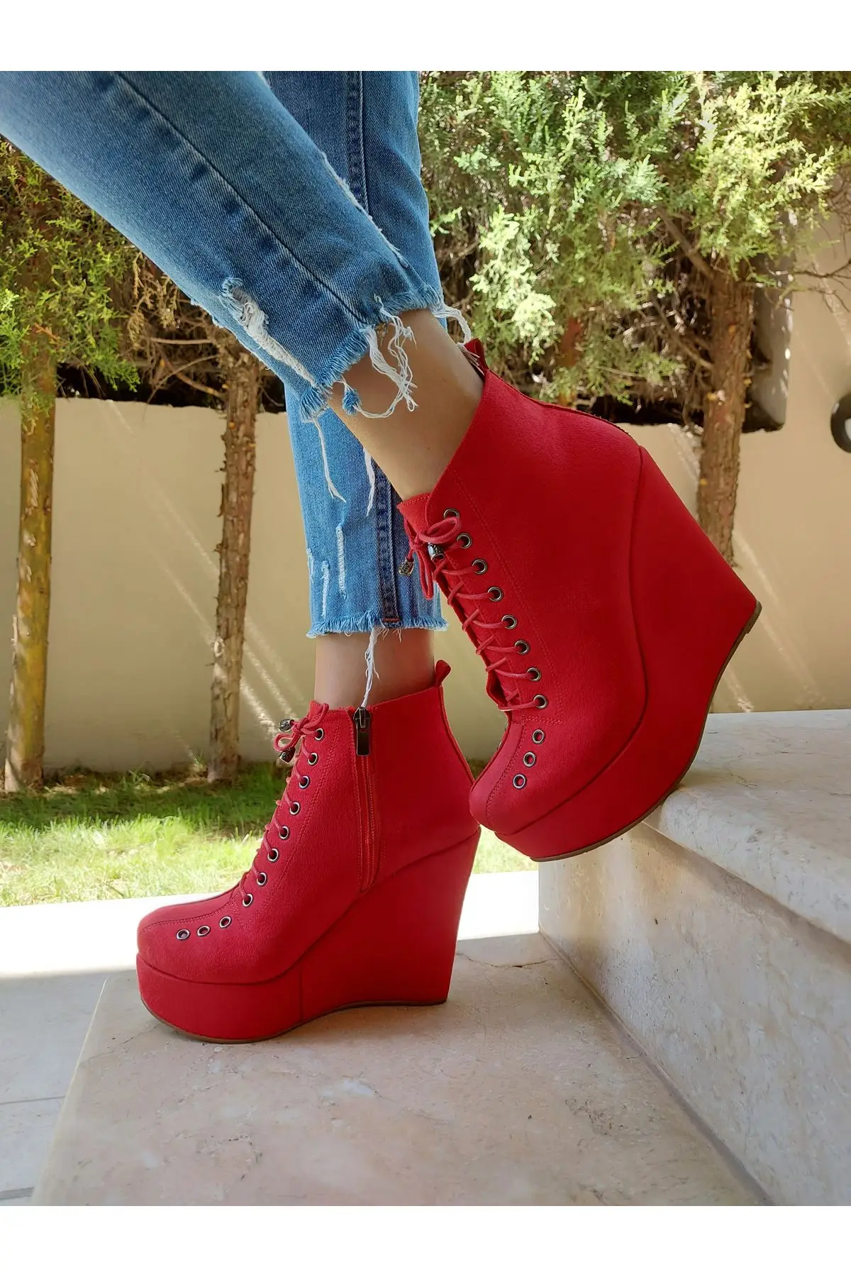 

Women's Boots Red Suede Lace-Up Wedge High Heels Shoes Fashion High Heels Shoes Platform High Boots Sexy Night Dress Shoes