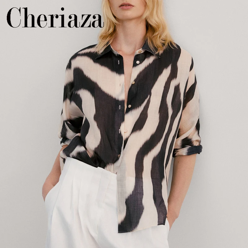 

Summer Woman Zebra Printing Shirt Long Sleeves Button Blouse Chic Office Lady Commute Tops Asymmetric Hem Loose Blusas Female