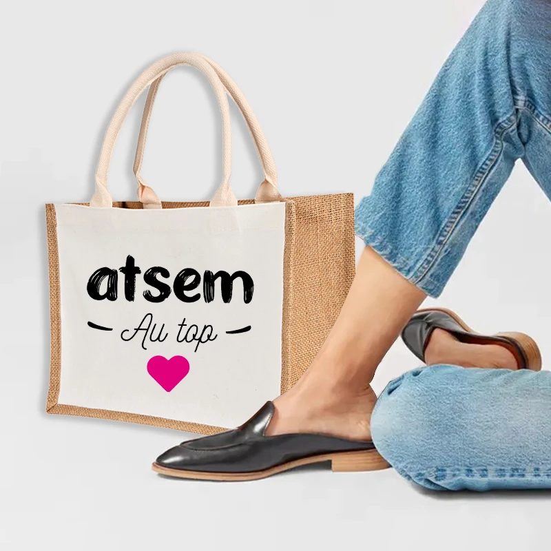 

Спасибо ATSEM Женская джутовая хозяйственная сумка многоразовая сумка из мешковины с прочной ручкой Женская Повседневная Вместительная дорожная сумка