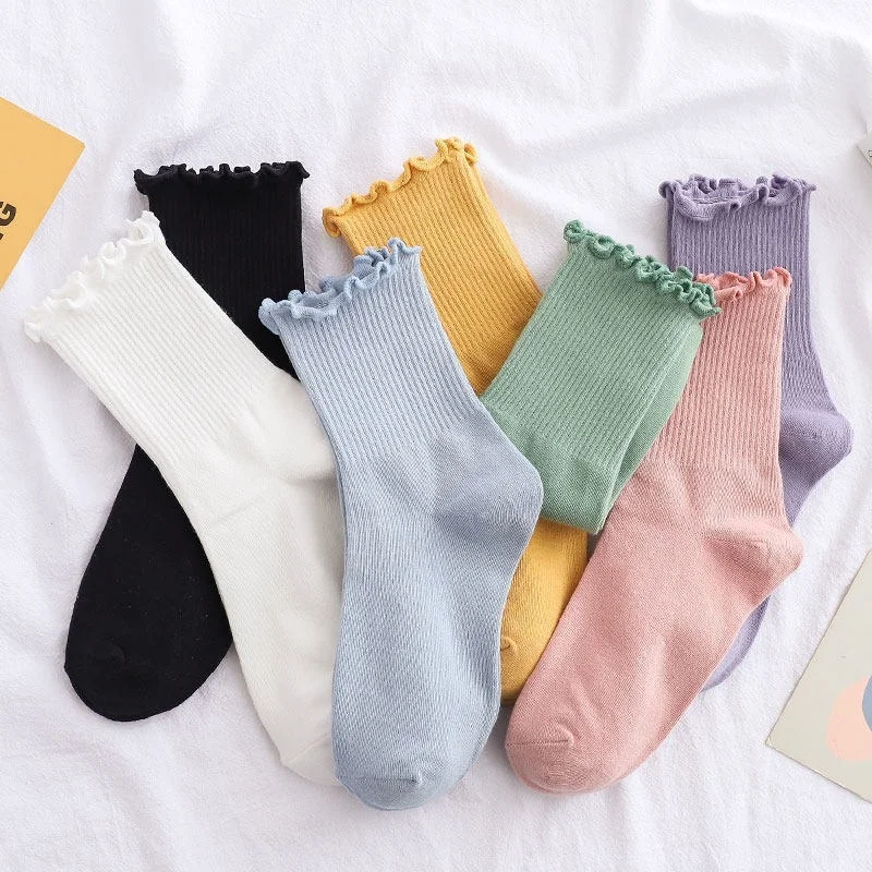 7 Pairs Spring Summer Fungus Lace Socks Women Socks Japanese Korean Cute Harajuku Pile Socks Solid Color Cotton Socks