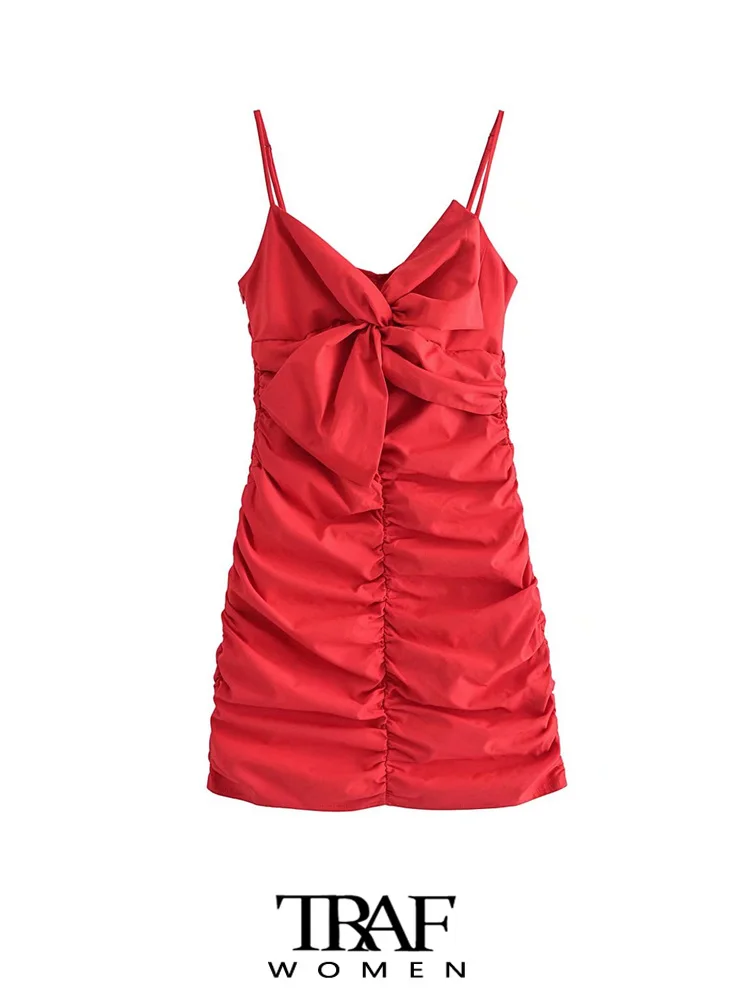 

TRAF Women Fashion With Bow Tied Pleated Mini Dress Vintage Backless Side Zipper Thin Straps Female Dresses Vestidos Mujer
