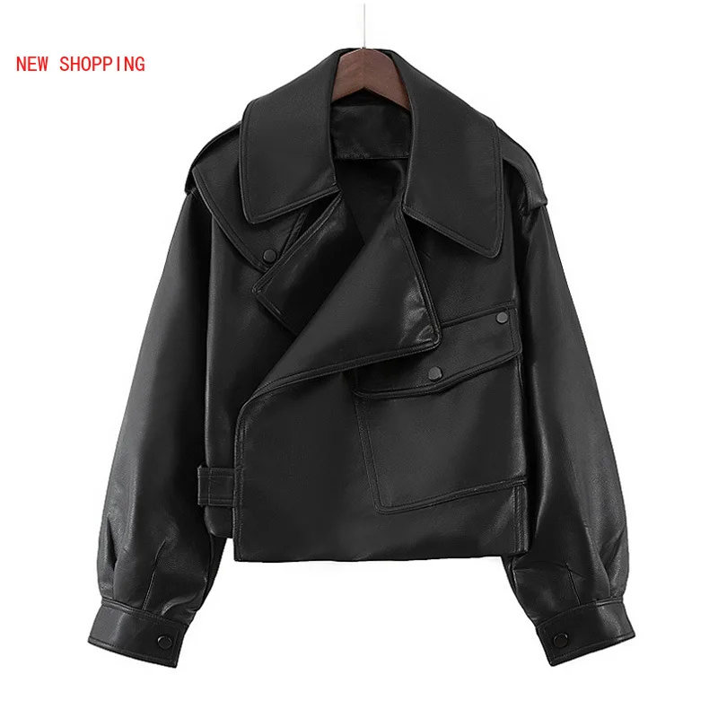 New Women Faux Leather Jacket Soft Loose Vintage Biker Coat Short Pockets Motor PU Black Jacket Autumn Street Leather Coat White