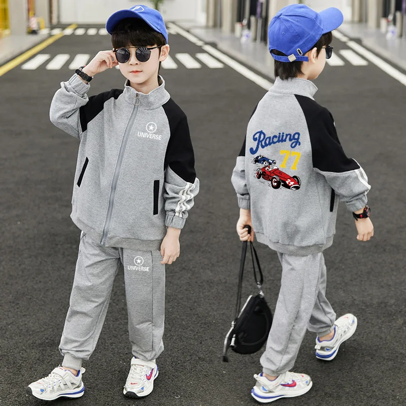 

Boys Suit Coat +Pants Cotton 2Pcs/Sets 2023 Grey Spring Autumn Sports Sets Warm Thicken Children Clothing