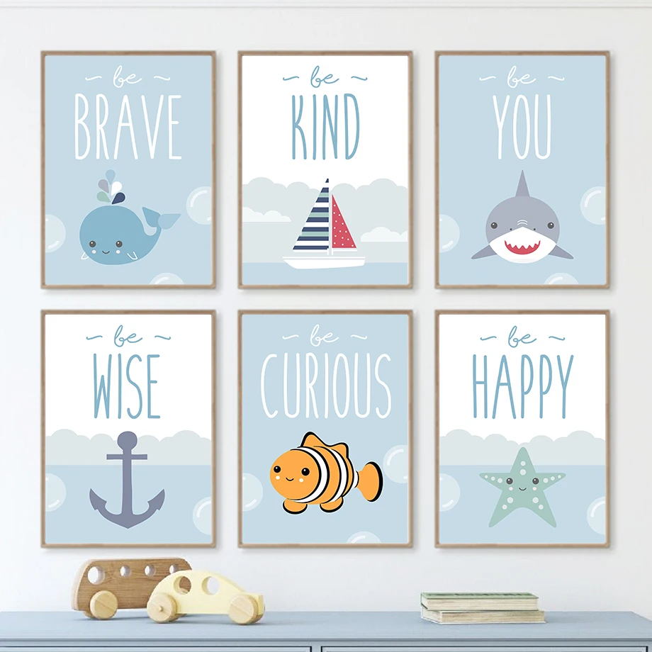 

Fish Starfish Shark Whale Sailboat Wall Art Canvas Painting Nordic Posters And Prints Cartoon Wall Pictures For Kids Room Decor