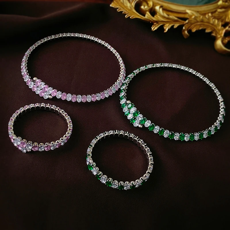 

DREJEW Inlaid Green Pincrystal Zircon Necklace Party Wedding Choker Necklaces For Women Zirconia Female Jewelry Set Wholesale