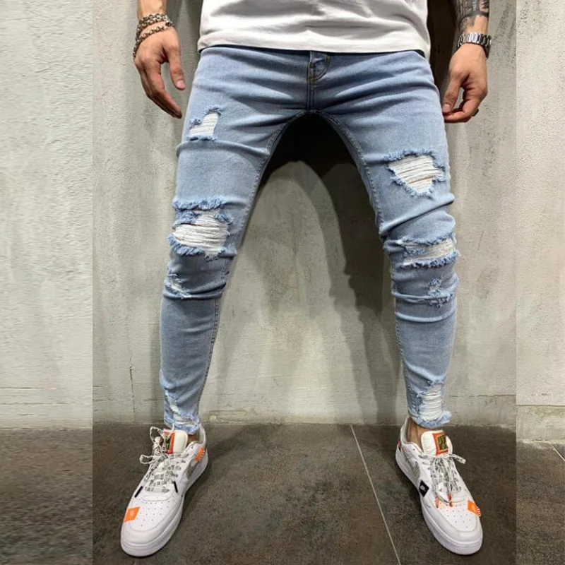 Mens Knee Hole Jeans Slim Fit Pencil Pants Men's Jeans Fashion Four Seasons High Street Denim Pants Full Length Skinny Jeans Men