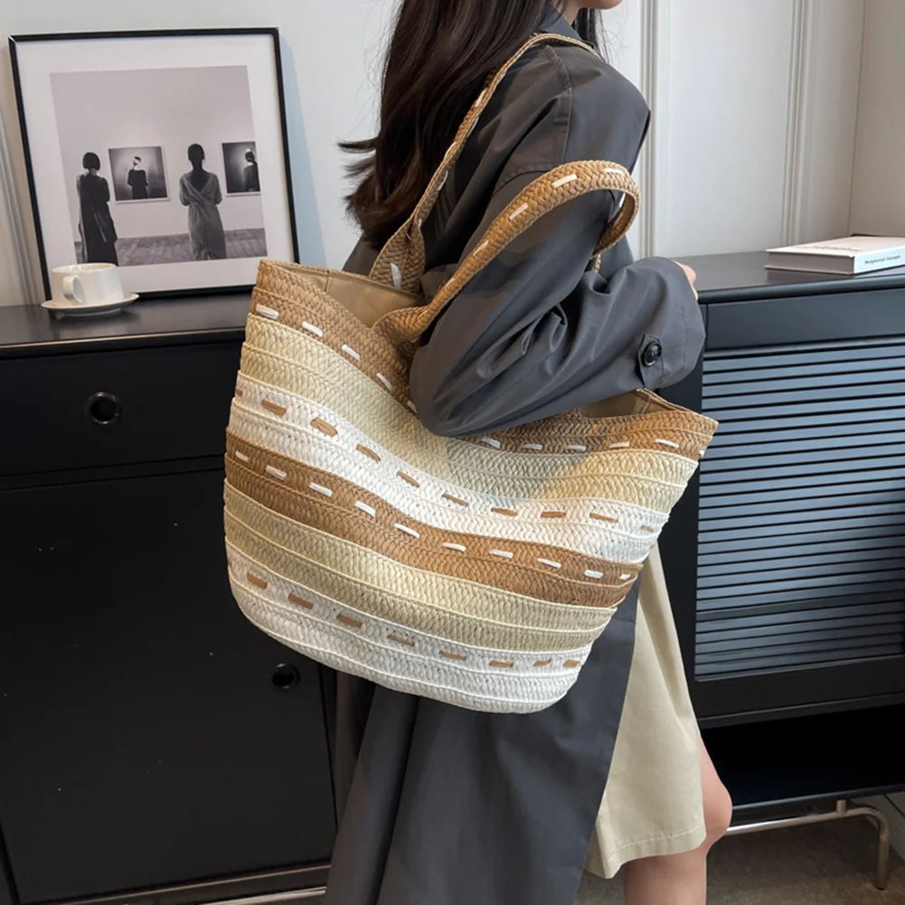 

Женская плетеная Сумка ручной работы, простые вместительные Летние повседневные сумочки-тоуты контрастных цветов