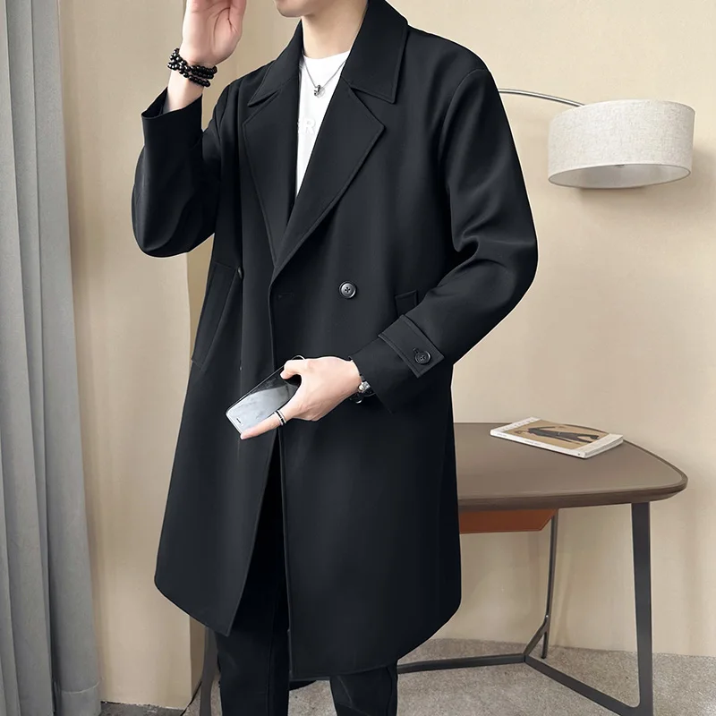 2024 весна и осень новый модный однотонный длинный плащ мужской свободный