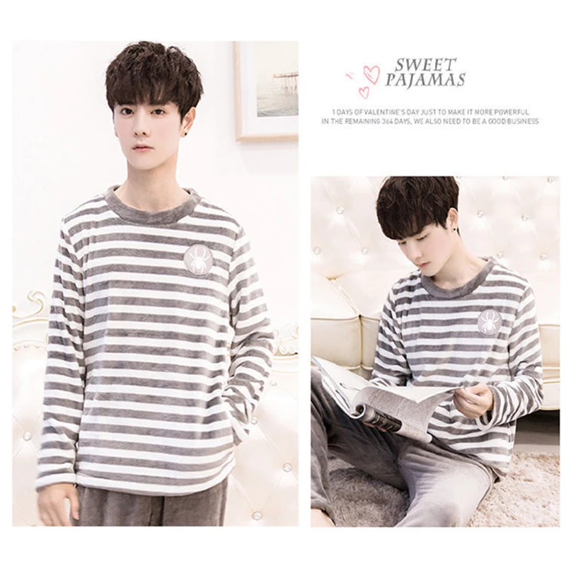 Men Fashion Autumn Winter Coral Fleece Pajamas Striped Sleepwear Set Warm Thicken Homewear Suit