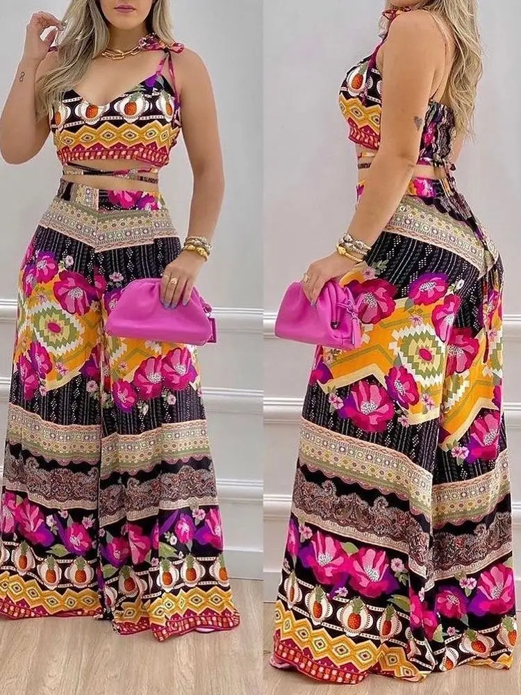 

Shein Romwe Set Of Two Fashion Pieces For Women Pineapple Floral Sleeveless Print Top & Wide Leg Pants Set Urbano Tracksuit