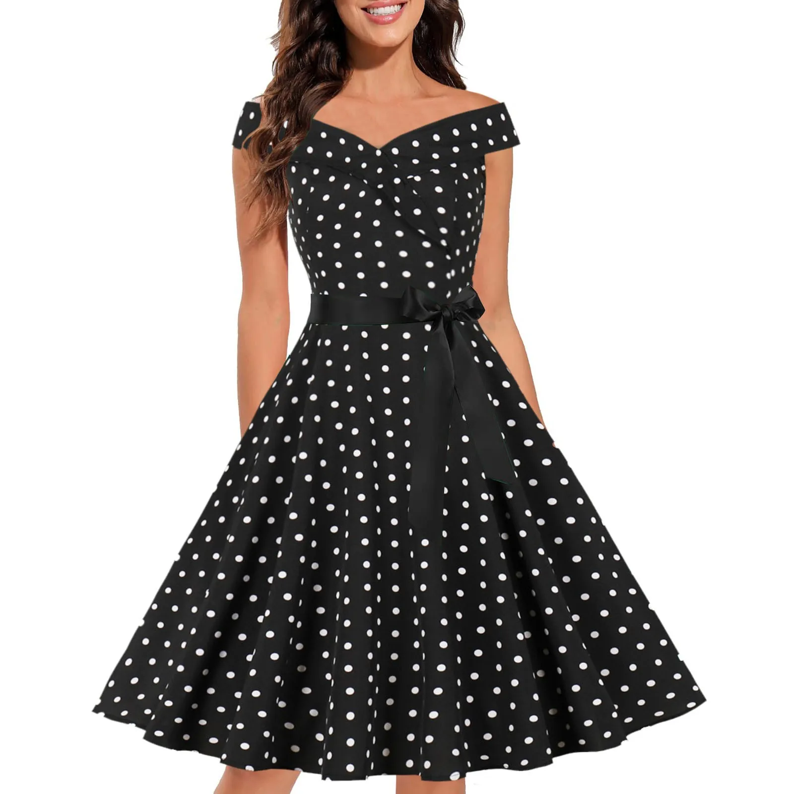 

2023 Polka Dot Print Dresses Bandage Bownot Belt Maxi Women Off Shoulder Slim Elegant Party Dress Summer Beach Holiday Sundresse
