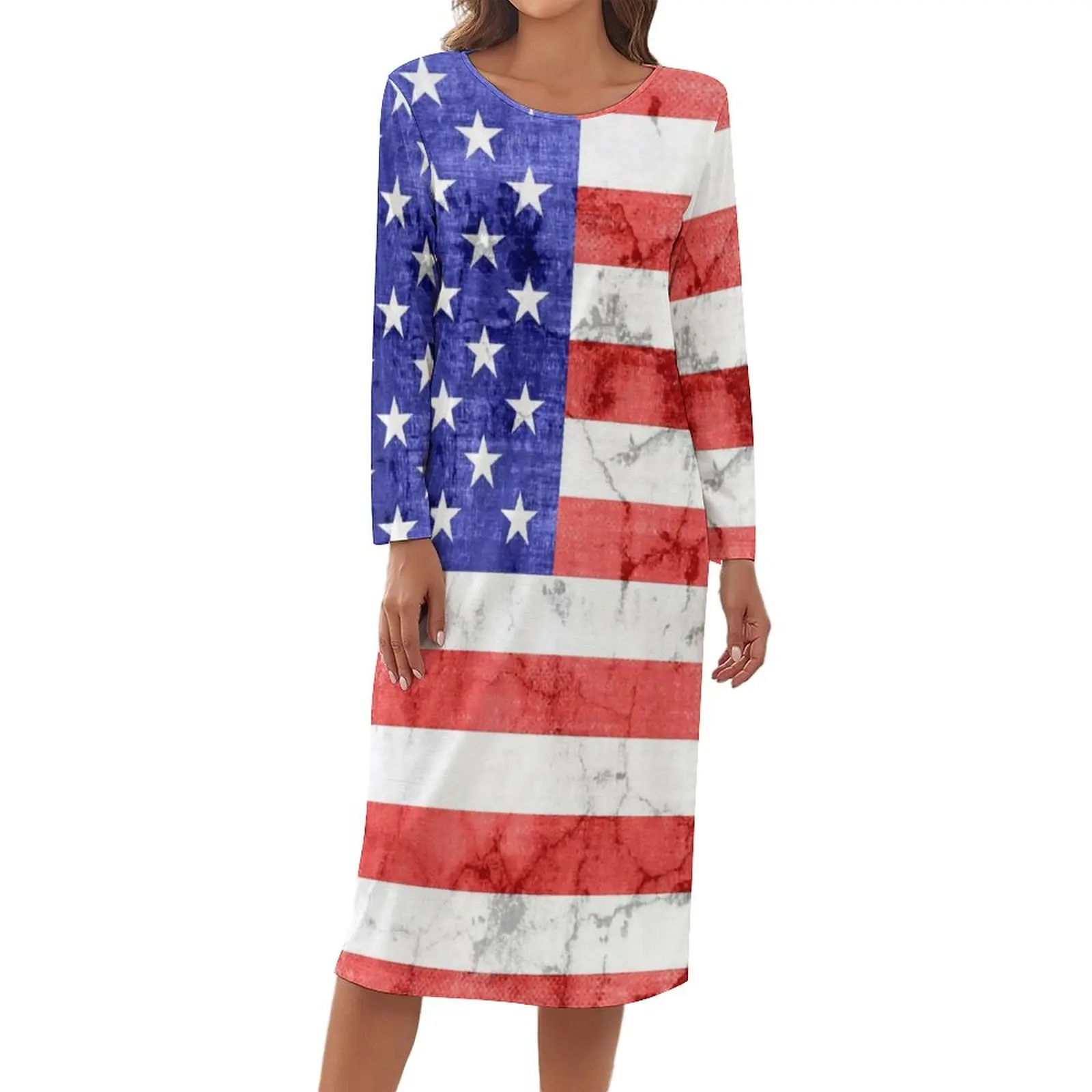 

Vintage USA Flag Pajamas Lady American Blue Stars Print Leisure Dresses Spring Long Sleeves Elegant Nightwear O Neck Pajama