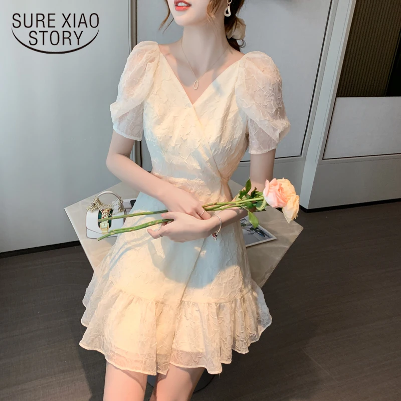 

New Fashion French Chic Chiffon Dress for Women Casual Short Sleeve Summer Dress Sexy V Neck Mini Dress Apricot Robe 22271