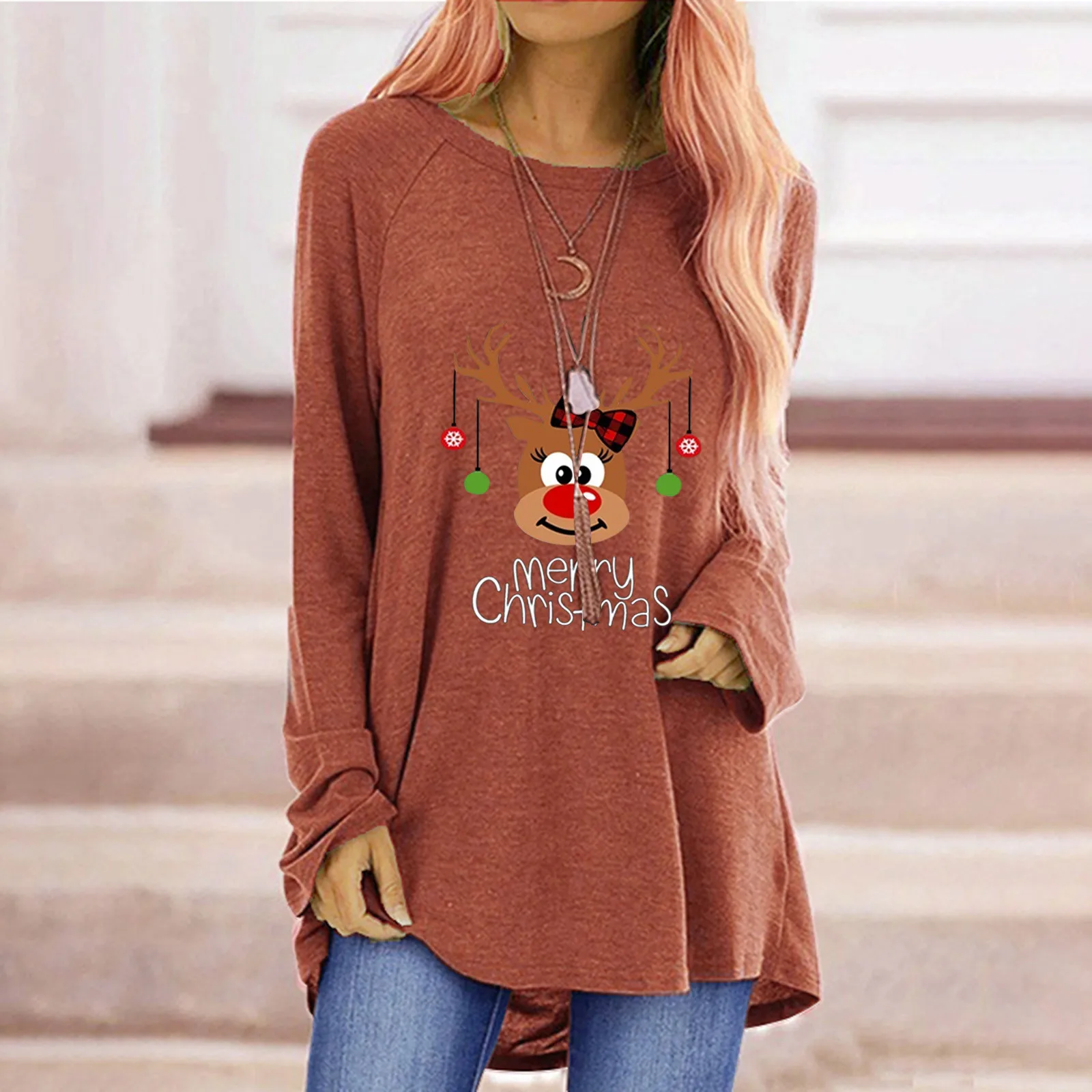 

Women's Casual Round Neck Christmas Long Sleeve Print T-Shirt Top Blouse Long Ladies Tee Shirts V