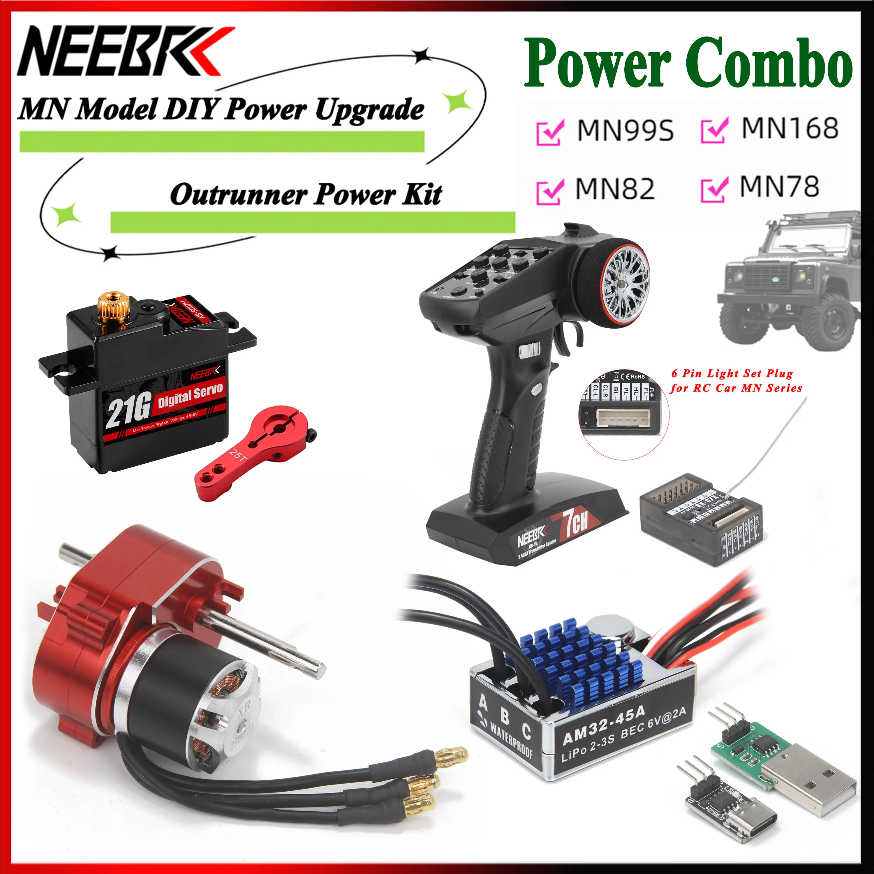 Фото 2322 2600KV Бесщеточный двигатель Металлическая коробка передач AM32 45A ESC 7CH Передатчик 21G Сервопривод для радиоуправляемого автомобиля MN82 MN78 MN168 MN99 Power Combo №1