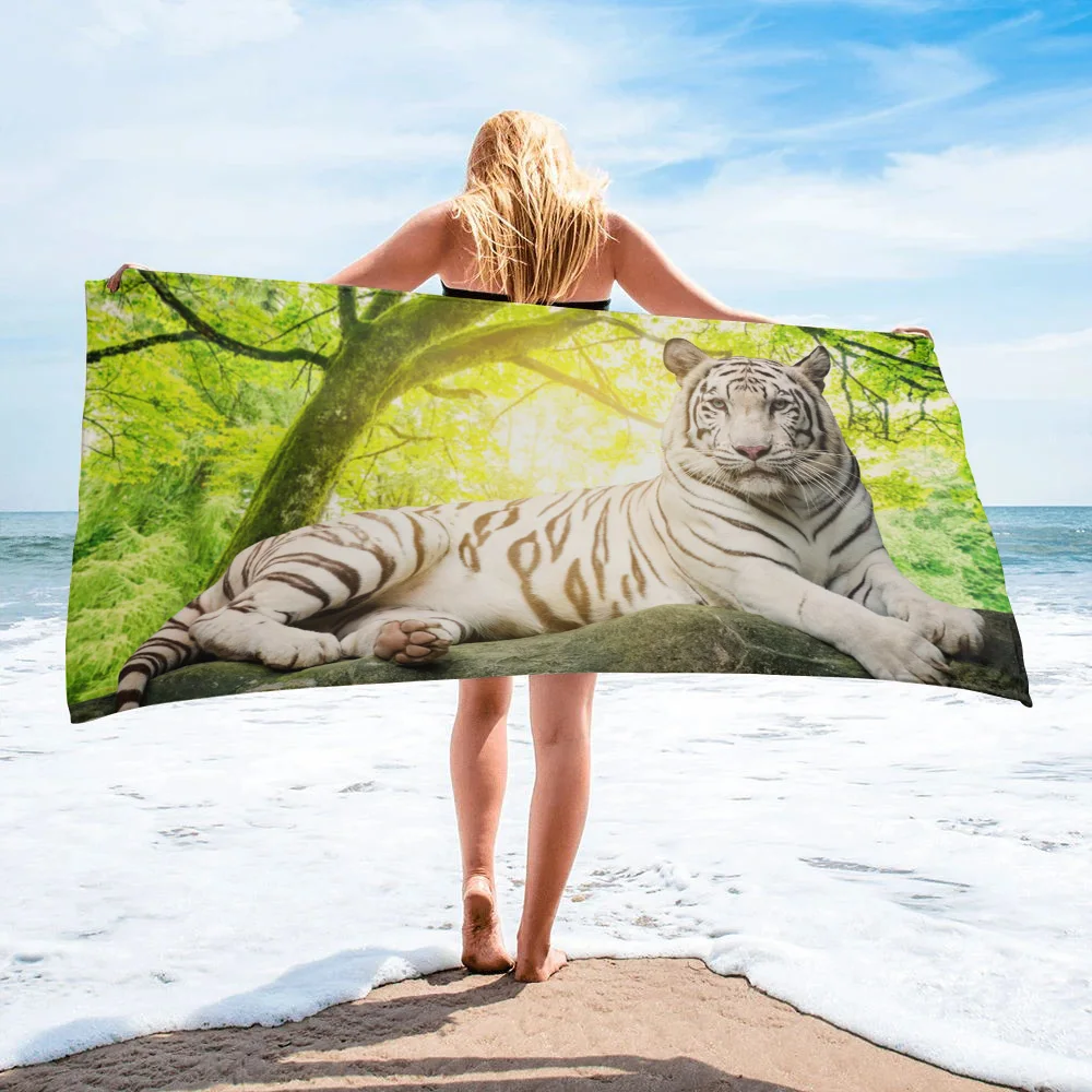 

Green Forest Animal White Tiger Stone Quick Dry Bath Towel Summer Swimming Beach Towel Microfiber Bath Towels for Adults