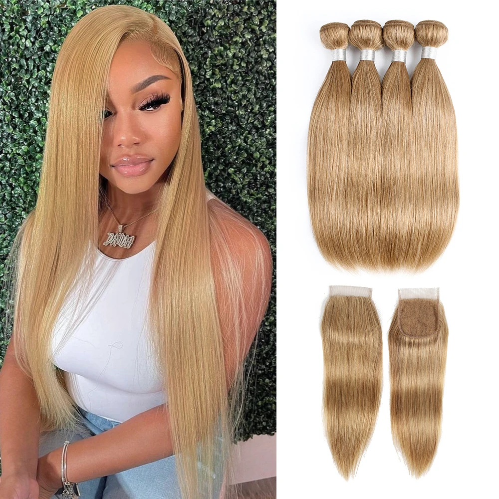 Color 27 Honey Blonde Bundles With Lace Closure Transparent 4x4 Lace Remy Human Hair Extension 16-24 inch MOGUL HAIR