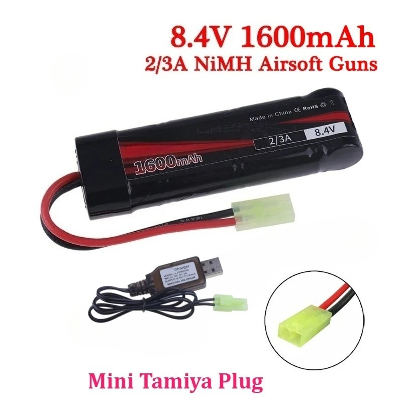 Фото Аккумуляторная батарея NiMH 8.4В 1600мАч с USB-зарядкой 2/3А для страйкбольного оружия: MP5, Scar, M249, M240B, M60, G36C, электрических игрушечных пистолетов №2