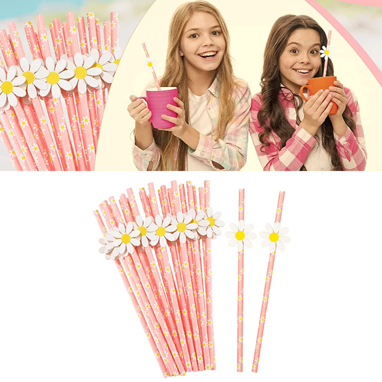 

20Pcs Sweet Daisy Flower Disposable Paper Straws Bar Drinking Straws Birthday Baby Shower Wedding Party Supply Decorations