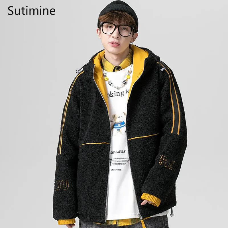 Winter Coat Youthful Vitality Turn-down Hooded Youth Casual Loose Cotton Coat Daily Lamb Coat Pockets Zipper Men Clothing