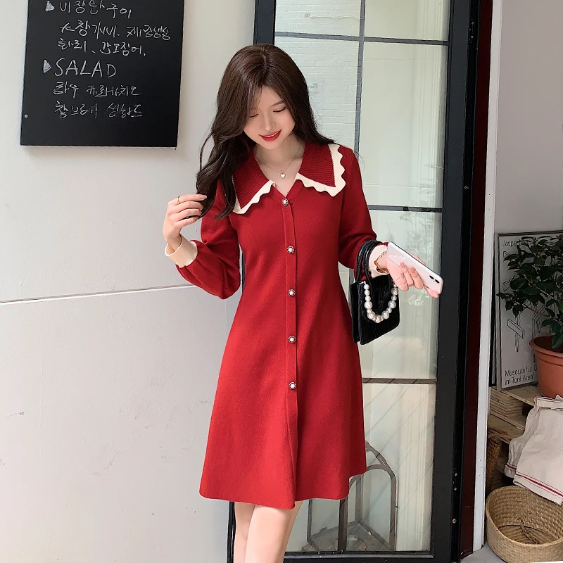 

2022Spring and Spring New French Classic Style Cute Youth-Looking Doll Collar Christmas Red Knitted Dress
