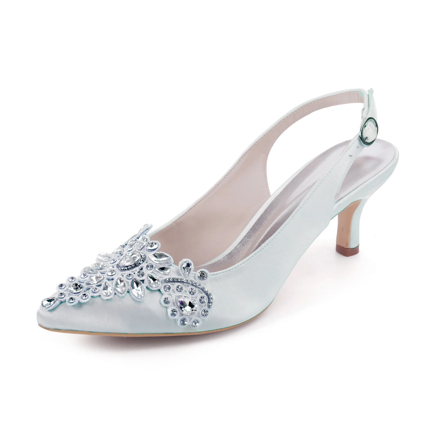 Small Heels Pointed Toe Bridal Pumps Wedding Party Slingback Lace Crystals