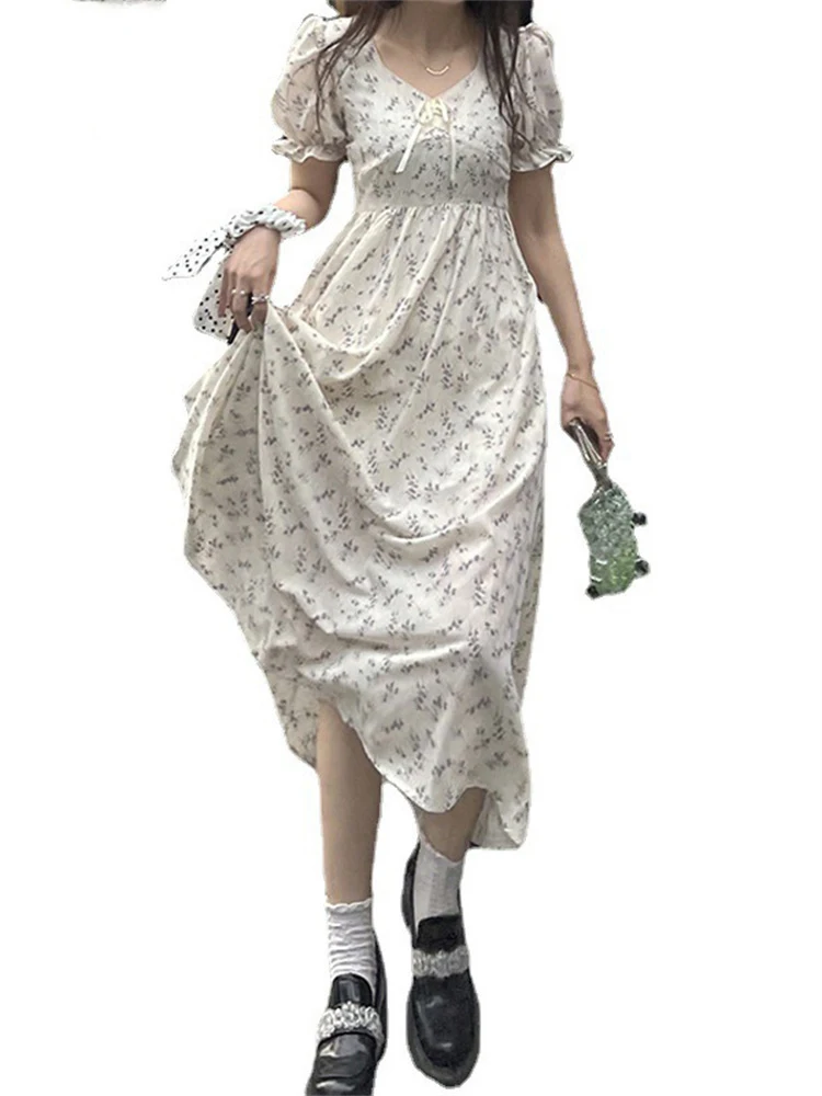 

Summer Bow French Puff Sleeve Floral Chiffon Dress 2022 Sweet Style Dress for Female V-neck Short Sleeve Dress Mori's Girl Dress