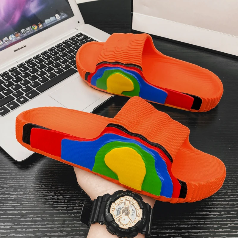 

Designer Luxury Slides Men Fashion Orange Rainbow Men Slippers Couple Beach Sandal 2022 Non-slip Summer Women Indoor Slippers