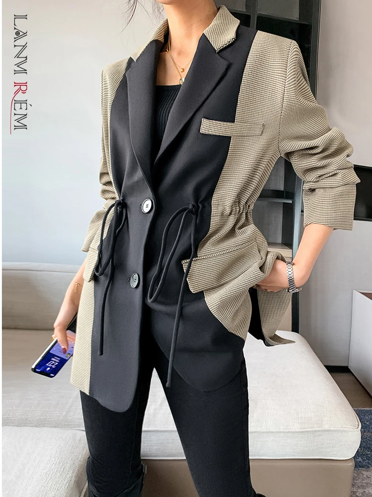 

LANMREM Women Black Plaid Drawstring Blazer New Lapel Long Sleeve Loose Fit Jacket Fashion Spring Autumn 2022 2DF0187