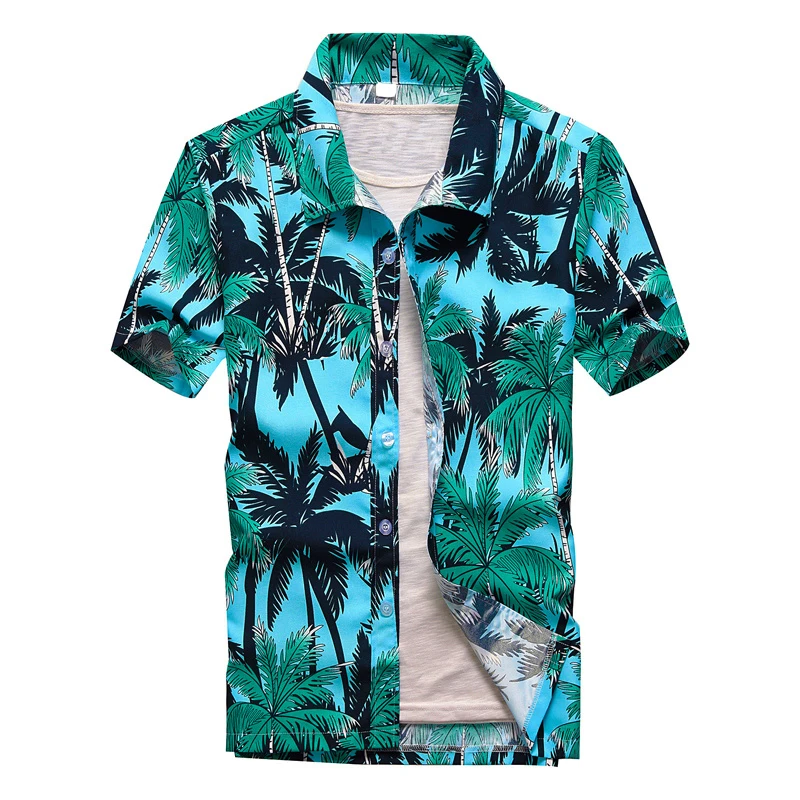 Luxury Summer Breathable Hawaiian Shirts Men Coconut Tree Print Short Sleeve Button Down Vacation Chemise Homme Plus Size S-4XL