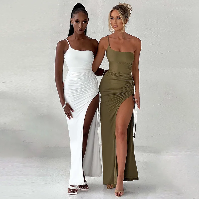 

Summer Women Dress White Dress New Fashion One-shoulder Drawstring with Shrunken Pleats Sexy Elegant and Slim Bodycon Dress