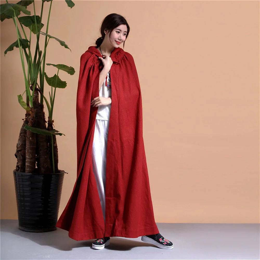 Черный плащ Hanfu женское свободное длинное пальто в китайском стиле со шляпой