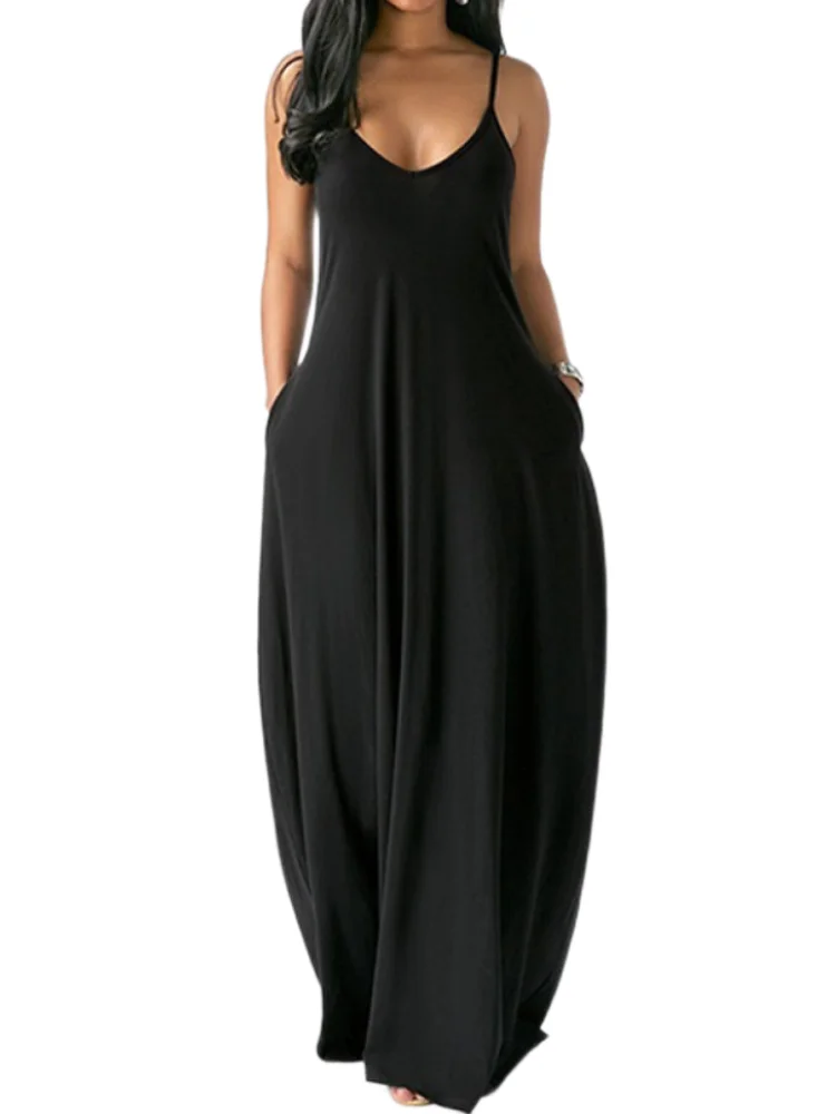 Винтажное женское платье с u-образным вырезом на тонких бретелях Mixi карманами