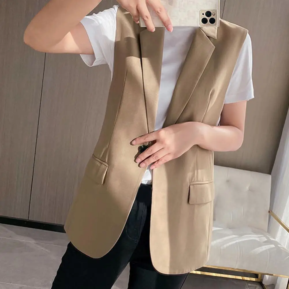 

Chic Office Ladies Blazer Minimalist Blazer Vest Flap Pockets Autumn Pure Color Notched Collar Suit Coat Blazer Workwear