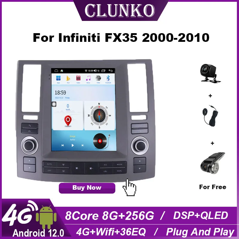 

Clunko For Infiniti FX FX35 FX45 2003- 2012 Android Car Radio Stereo Tesla Screen Multimedia Player Carplay Auto 8G+256G 4G WIFI