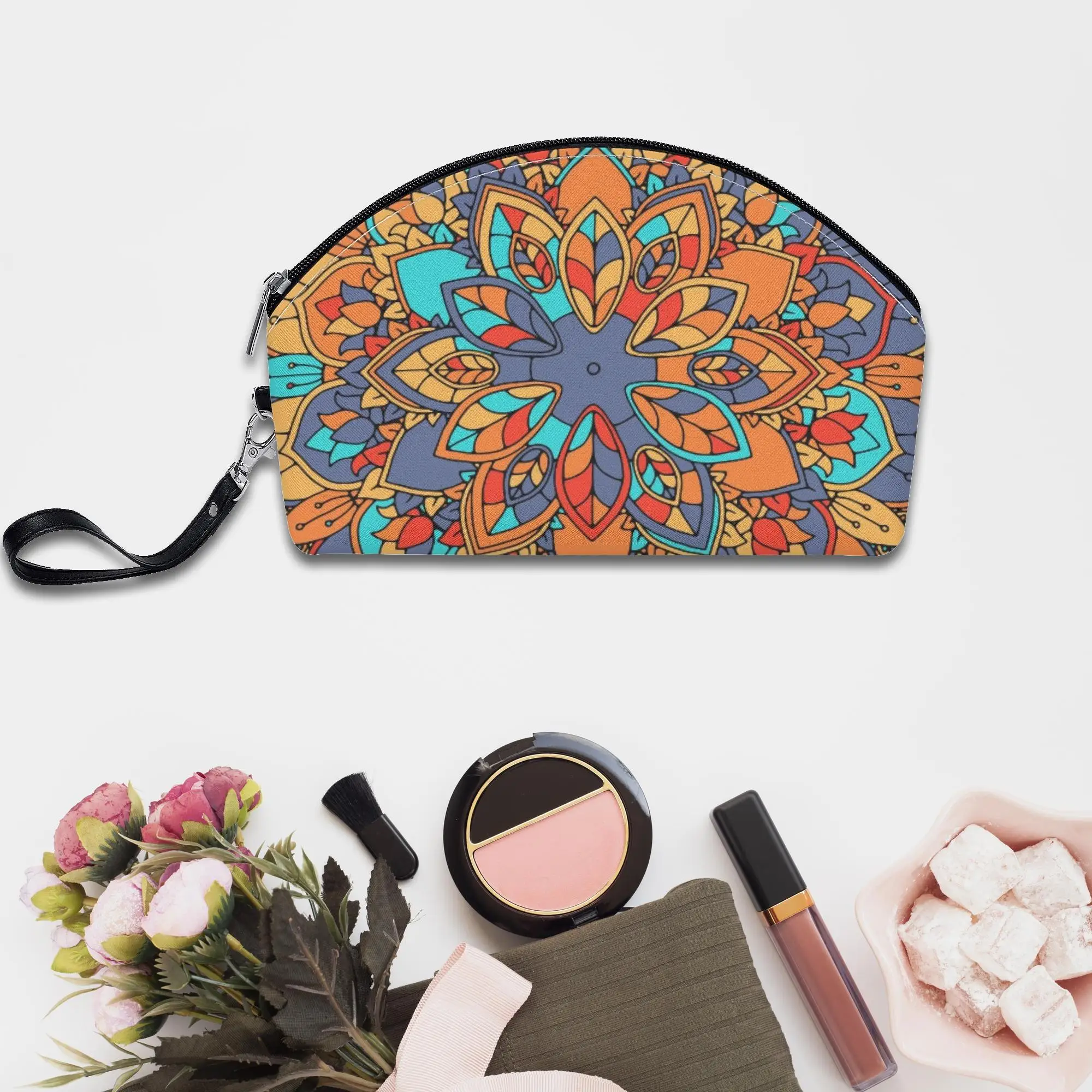 

2023 Boho Mandala Small Faux Leather Women Cosmetic Bag Portable Strap Zipper Makeup Bag Lady For Travel