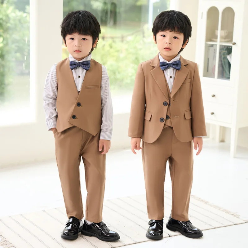 Children's Brown Formal Suit Set Spring Autumn Korean Boys Performance C Photography Host Wedding Dress Kids Blazer Vest Pants