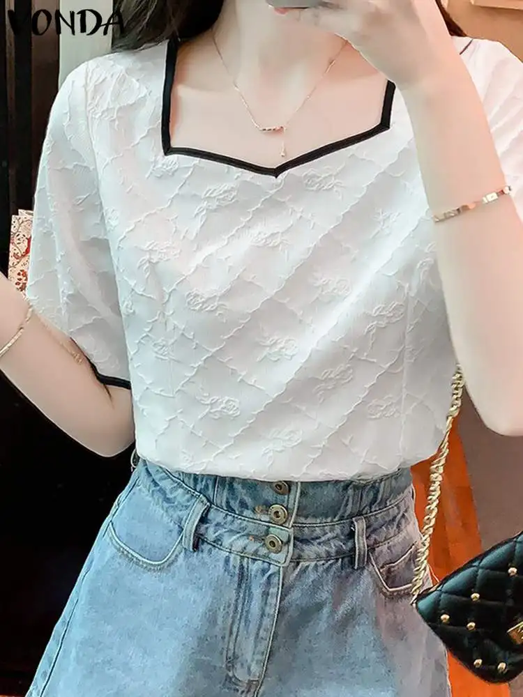 

Блузка VONDA Женская в стиле оверсайз с квадратным вырезом и коротким рукавом