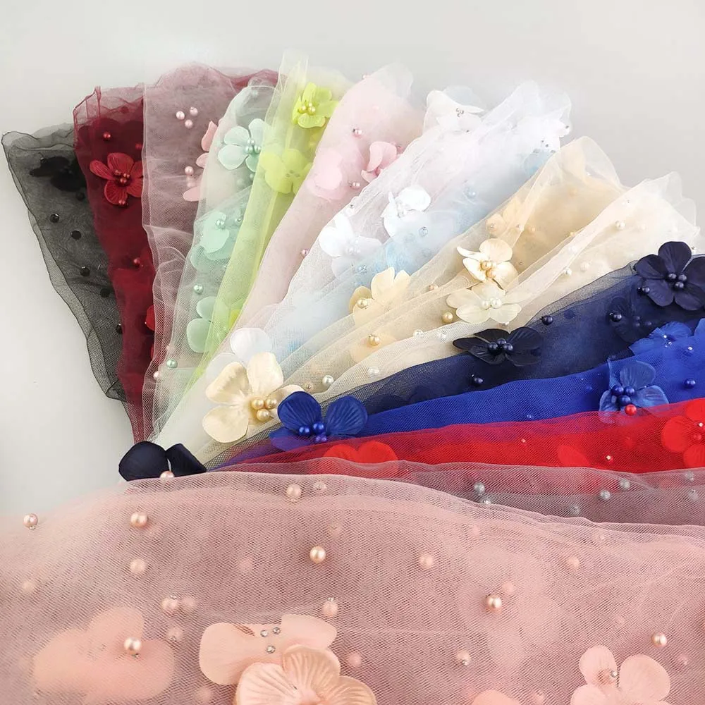 3/5/10yard Soft 3D Mesh Fabric Beads Pearl and Flower Embroidered Lace Tulle Material for Dressmaking Black White Pink by yard - купить по