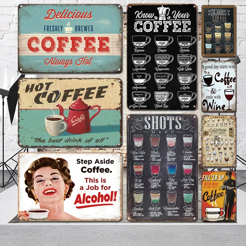 

Coffee Metal Poster Tin Sign Vintage Coffee Bar Wall Decorative Plaque Retro Kitchen Plate Cafe Home Decoration Accessories