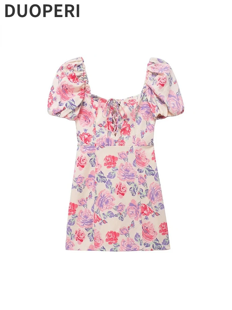 

Платье-мини женское с цветочным принтом, коротким рукавом и V-образным вырезом