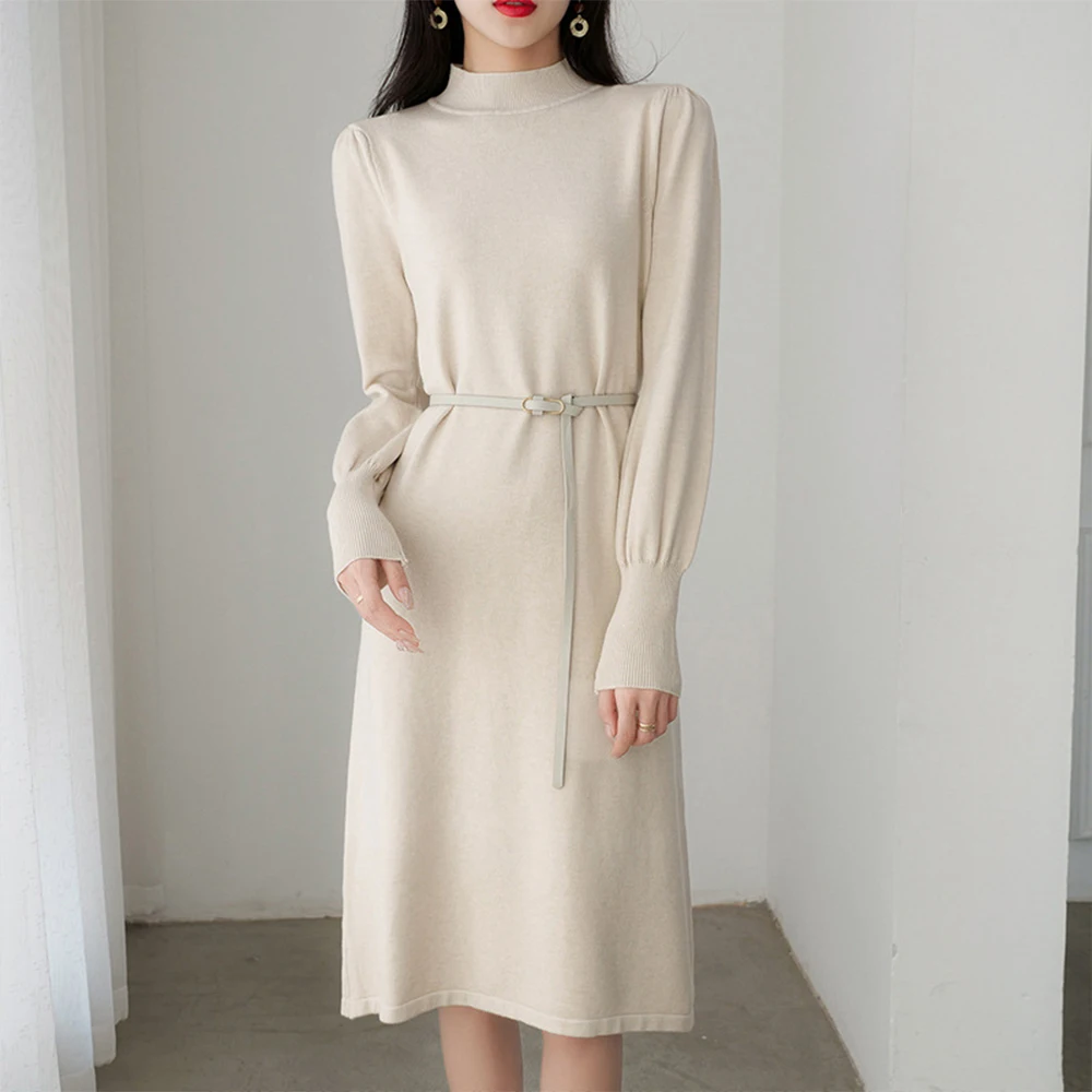 

Temperament Half Turtleneck Sweater Knitted Dress Women 2022 Korean Fashion Loose Sweater Skirt Solid Color Female Base Dresses