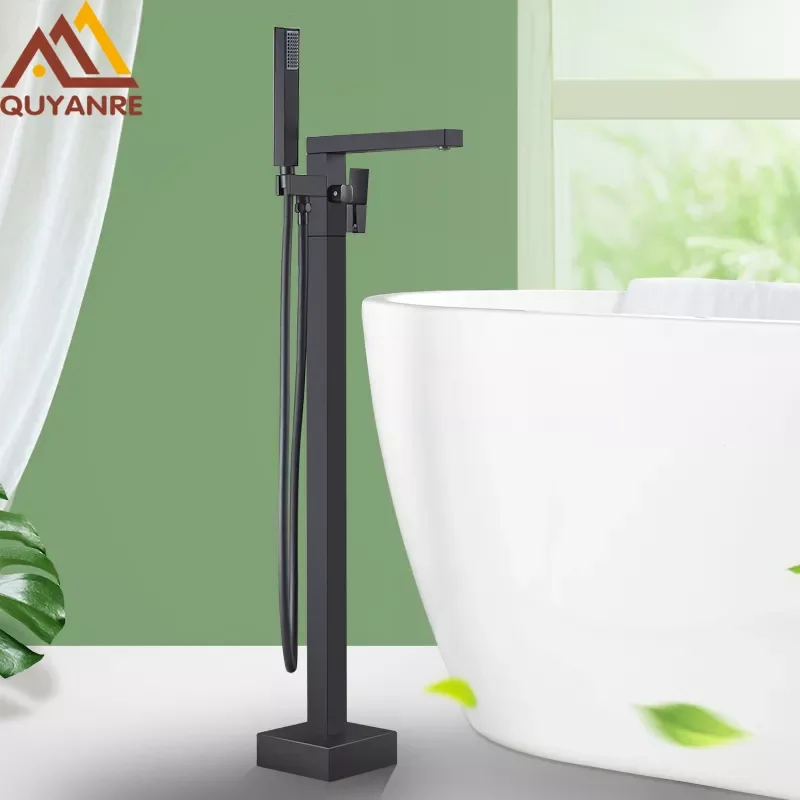 

Matte Black Square Bathtub Shower Faucets Floor Standing Faucet Hot Cold Water Shower Mixer Tap Bathroom Waterfall Mixer