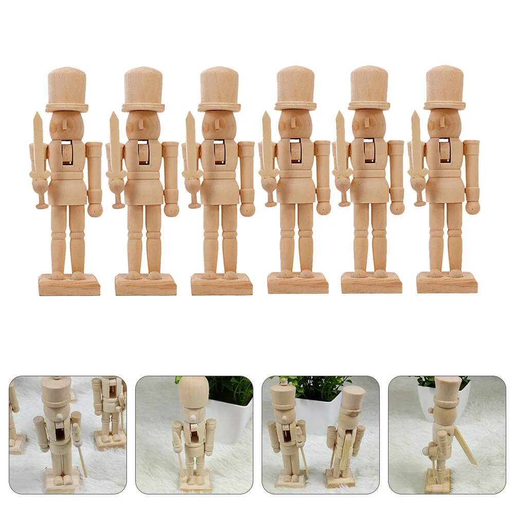 

6 Pcs Statue White Decorations Wooden Nutcracker DIY Embryo Christmas Desktop Puppet Bamboo Walnut Soldier