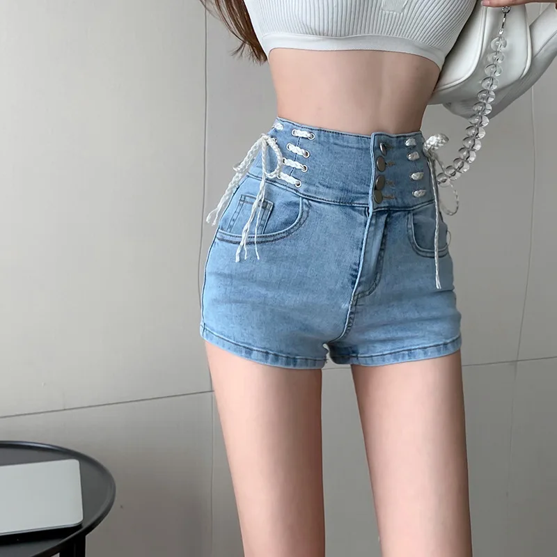 2021 Summer Hollow Out Quality High Waist Tight Female Elastic Short Jeans Sexy Denim Shorts New Women's Slim Fit Shorts Bandage