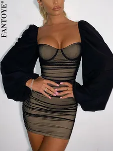 Fantoye 2022 весеннее Двухслойное Сетчатое мини-платье для женщин с рукавами-фонариками и рюшами, Клубное платье в обтяжку, сексуальное черное платье с открытой спиной