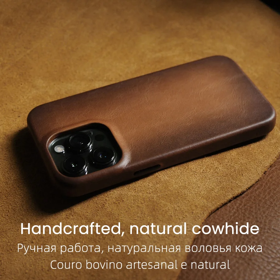 YMW Handmade Case for iPhone 13 14 Pro Max Plus Magnetic Oil Wax Genuine Leather Luxury Business Retro Pull-up Cow Phone Cover