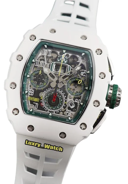

High-Top Mechanical Automatic Watch White Ceramics Skeleton Mens Green Rubber Sport Flyback Wristwatch